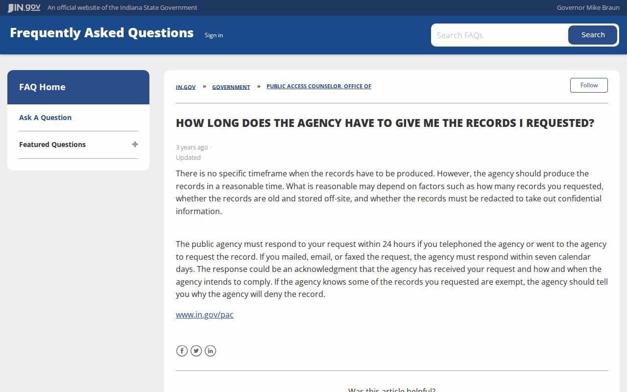 Indiana response deadlines for Shelby County arrest warrant record requests